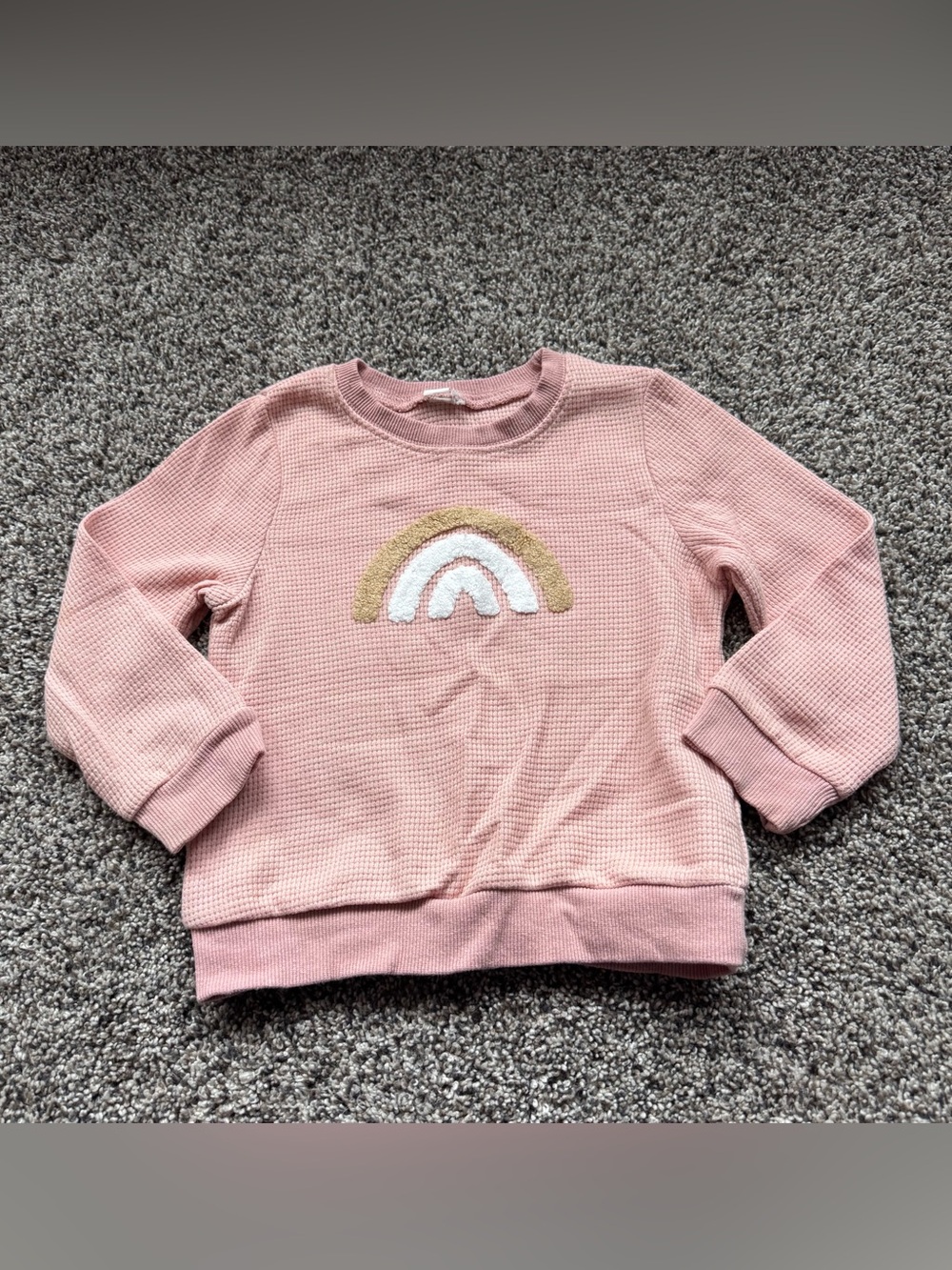 Girls' Pink Waffle-Knit Sweatshirt with Rainbow Accent